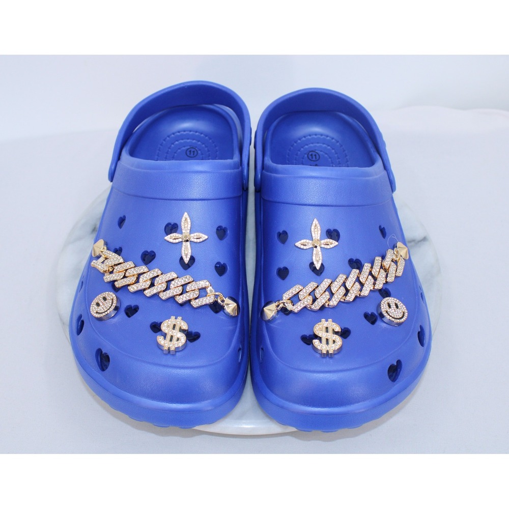 Bon Joli Blue Heart Cutout Platform Clogs Gold Cuban Link Charms Womens 11 - Picture 5 of 7